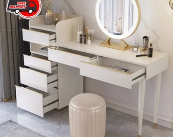 Included is an off-white makeup vanity set, dressing table, cabinet, and stool with an illuminated mirror, Free shipping worldwide