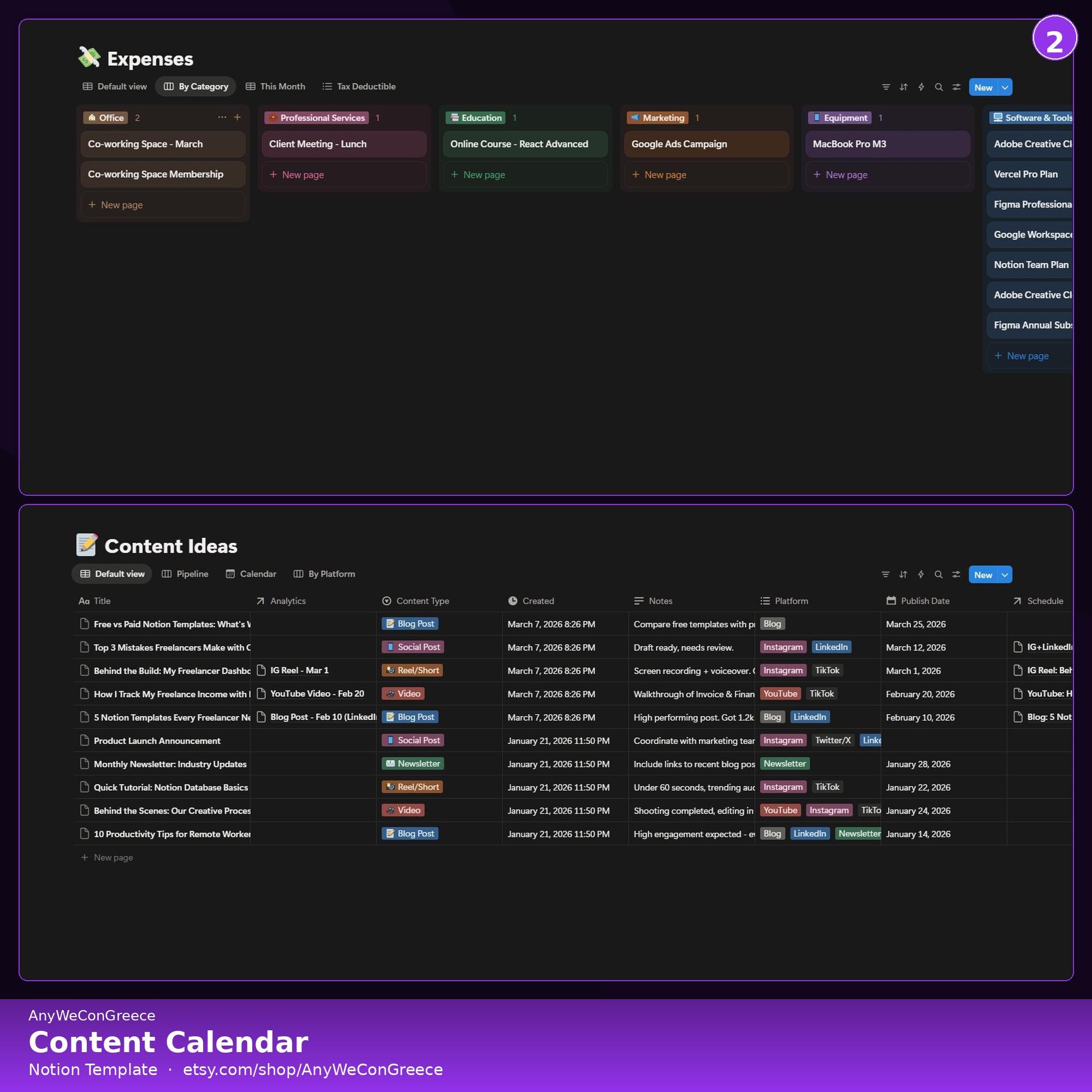 Notion Content Calendar Template | Social Media Planner | Content ...