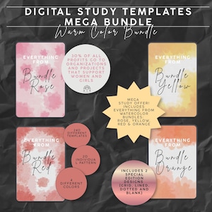 Könnte beinhalten: Digitales Lernvorlagen-Paket in warmen Farben. Enthält Aquarell-Designs in Rosa, Gelb, Rot und Orange. Umfasst 240 Vorlagen, 20 Muster, 4 Farben und 2 Sondereditionen. Der Text besagt, dass 30% der Gewinne Frauen und Mädchen unterstützen.