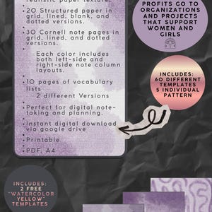 Könnte beinhalten: Ein digitales Set mit Notizvorlagen für das Studium in violetten Aquarell-Texturen. Enthält 20 strukturierte Papierseiten, 30 Cornell-Notizseiten, 10 Vokabellisten und 60 Vorlagen im A4-PDF-Format mit erläuternden Texten zu den Layout-Optionen.