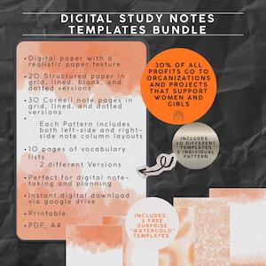 Könnte beinhalten: Ein digitales Studiennotizen-Vorlagenpaket mit pfirsichfarbenen Aquarellhintergründen. Der Text listet 20 strukturierte Papiere, 30 Cornell-Notizseiten, 10 Vokabellisten und 60 Vorlagen im A4-PDF-Format mit einer realistischen Papiertextur auf.