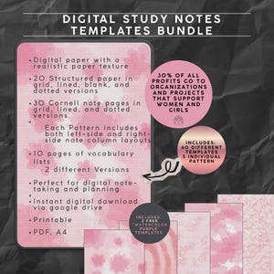 Könnte beinhalten: Ein digitales Studiennotizen-Vorlagenpaket mit rosa Aquarellhintergrund. Der Text listet 20 strukturierte Papierseiten, 30 Cornell-Notizseiten, 10 Vokabellisten und A4-PDF-Format auf. Enthält 60 Vorlagen, 5 Muster und 2 kostenlose violette Vorlagen.