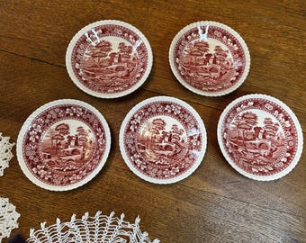 アンティーク スポード ピンクタワープレート 5枚セット：英国製転写プリント デザート ランチ用食器