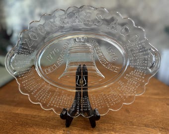 1976 Bicentennial Liberty Bell Glasplatte, Erklärung Unterzeichner Serviertablett USA