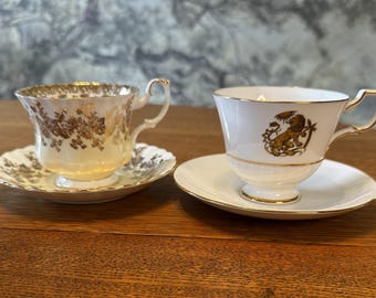 Royal Albert Gold Lace Teacup Set, Royal Tuscan Zodiac Cup and Saucer Set of 2, White Gold Bone China, Vintage English Tea Cups, Bridal Gift