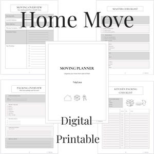 Può includere: Una raccolta di pagine digitali stampabili per pianificatori di traslochi. Le pagine includono liste di controllo, panoramiche e guide all'imballaggio. Le parole "Home Move", "Moving Planner" e "Digital Printable" sono visualizzate.