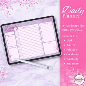 Agenda quotidien paysage imprimable | Modèle numérique d'horaire quotidien A4 pour iPad et Android
