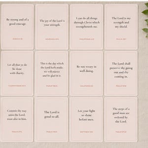 May include: A set of twelve rectangular cards with a light pink background and thin borders. Each card features black printed text containing various Bible verses and their corresponding citations, arranged in a grid of three rows and four columns.