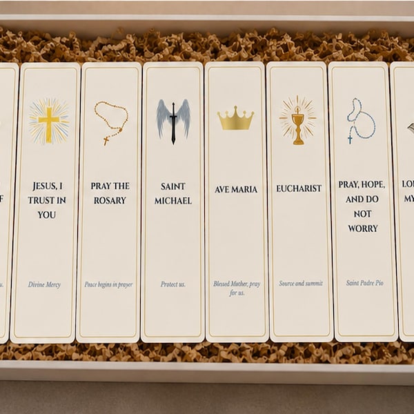 Set of 8 Catholic Bookmarks, Sacred Heart, Rosary, Saint Michael, Eucharist Designs
