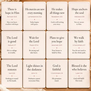 May include: A collection of twelve cream-colored inspirational cards with rounded corners, each featuring a different Bible verse and a short message. The cards are arranged on a wooden surface, with a lit candle and floral accents.