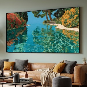 Estilo David Hockney, Reflejo en un estanque de jardín tranquilo, Cuadro mural de paisaje floral vibrante, Escena acuática natural en lienzo