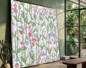 William Morris ; Sweetpea Tapeten- & Stoffdesign um 1800, Zarte Blumenrebenmuster-Leinwand, Garten-inspirierte Wandkunst, Botanisch