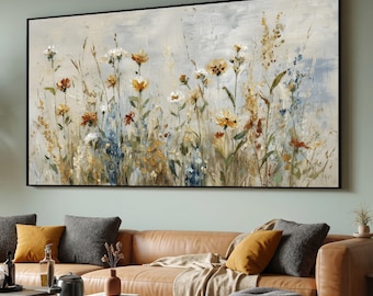 Wildblumen Wiese Leinwand, neutrale Blumenwandkunst, botanisches Dekor, weiche Natur Leinwand, rustikale Innendekoration