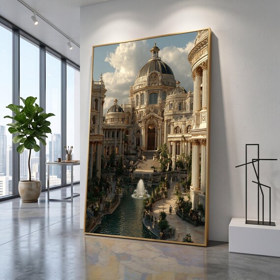 Majestic Baroque Architecture, Grand Historic Palace Canvas, Ornate Dome Wall Art, Luxurious European Building, Fountain Garden Canvas