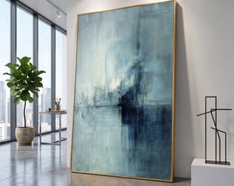 Abstrakte blaue und graue Leinwand, moderne Wandkunst, minimalistisches Wohndekor, zeitgenössische Leinwand, fertig zum Aufhängen