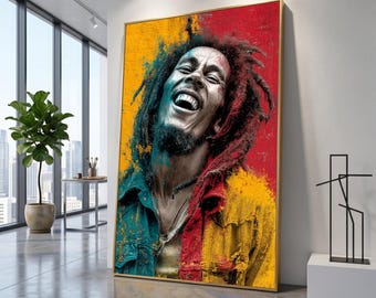 Vibrant Reggae Vibes Canvas Wall Art, Colorful Portrait Music Culture Decor, Urban Art Print, Bob Marley
