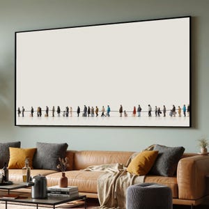Lienzo minimalista con escena de multitud, arte mural de personas haciendo fila, decoración moderna de la vida urbana, impresión en lienzo contemporánea, obra de arte lista para colgar.