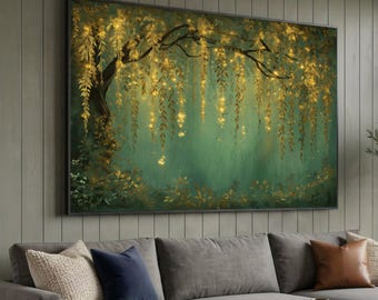 Gustav Klimt, Verzauberte Weidenbaum-Leinwandkunst, glühende goldene Blätter, magische Waldszene, mystisches Naturdekor, verträumtes Zuhause