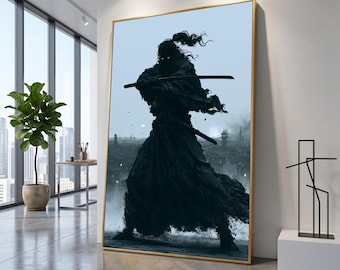 Leinwandbild eines dunklen Samurai-Kriegers, Ninja-Schwertkunst, Wanddekoration mit Schattenkämpfer, Leinwandbild eines japanischen Kriegers, dramatische Figur als Wohnaccessoire