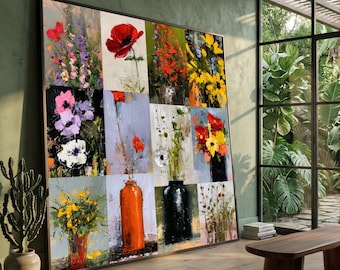 Lebendige Blumencollage auf Leinwand, farbenfrohes Blumenstrauß-Wandbild, moderne Gartendekoration, botanische Leinwanddekoration, fertig zum Aufhängen