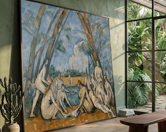 Paul Cézanne; Badende – Die großen Badenden, impressionistische Landschaft unter blauem Himmel, elegante Kunst für die Heimdekoration