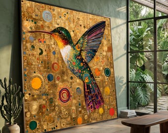 Gustav Klimt Style Wall Art, Colorful Hummingbird Canvas, , Abstract Bird Design Canvas, Decorative Nature Print, Home Accent Decoration