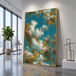 Baroque Style Sky Ceiling, Floral and Cloud Canvas Wall Art, Blue and Gold Decorative Vintage Home Decor, Elegant Art Print