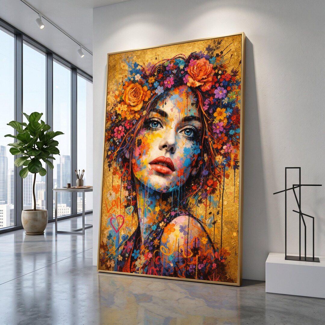 Vibrant Floral Portrait Canvas, Colorful Woman Face Wall Art, Abstract ...