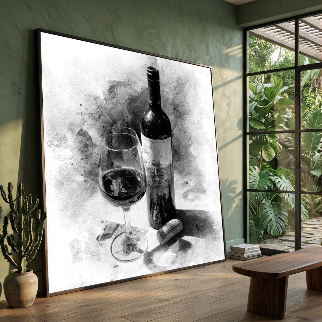 Elegant Wine Bottle and Glass Canvas, Black and White Wine Art, Rustic ...