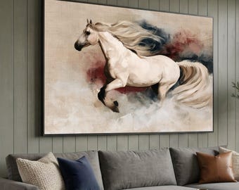 Majestätisches weißes Pferd auf Leinwand, Wandbild mit galoppierendem Hengst, elegante Tierdekoration, Reitsport-Leinwanddruck, Kunstwerk zur Heimdekoration