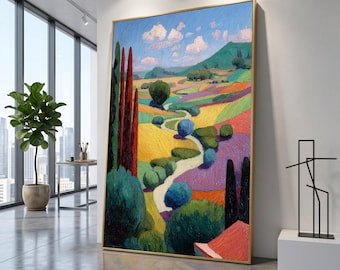 Vibrant David Hockney Style Landscape Canvas, Colorful Countryside Path Wall Art, Modern Abstract Nature Canvas Decor