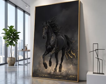 Majestätisch schwarzer Hengst Leinwand Wandkunst, feurige Pferdesilhouette, dynamisches Tier Reiter Wohndekor, Pferd laufende Leinwand