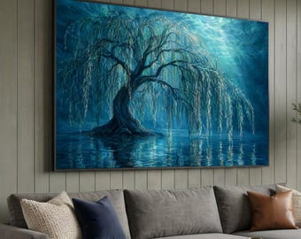 Canvastavla med förtrollad pilträd, väggkonst med mystisk blå skog, canvastavla med reflektion i fridfull natur, lugn vattenscen, canvastavla med heminredning