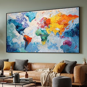 Art mural coloré sur toile carte du monde, oeuvre d'art abstraite de voyage, décoration à l'huile, toile carte du monde aux couleurs vives, décoration murale de bureau à domicile