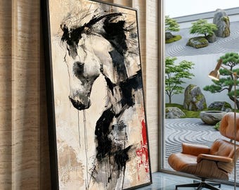 Abstract Horse Portrait Canvas, Modern Black White Animal Wall Art, Elegant Equestrian Decor, Neutral Toned Canvas Artwork for Home