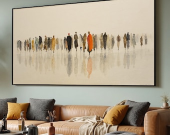 Crowd Silhouettes Canvas, Abstract People Walking Art, Urban Scene Wall Decor, Minimalist Home Canvas, Reflective Figures Artwork