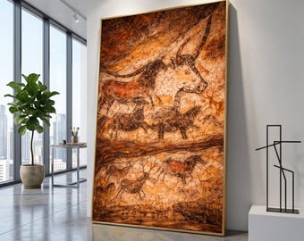 Höhle von Lascaux (Frankreich), Höhlentiere Leinwand Kunst, Prähistorischer Stein Rustikale Wildtiere, Historisches Naturdekor (fertig zum Aufhängen)