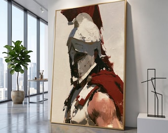 Antiker spartanischer Kriegerhelm auf Leinwand, Historische Rüstung als Wandbild, Griechischer Soldat auf Leinwand, Porträt eines ausdrucksstarken Kriegers, Leinwandbild für die Heimdekoration