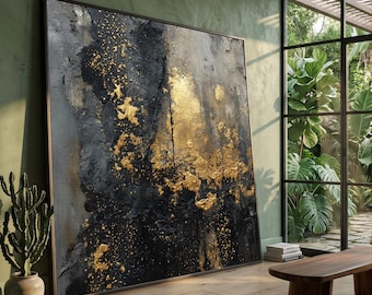 Moderne abstrakte Leinwand Wandkunst, Schwarz und Gold Blattgold Detail Leinwand, zeitgenössisches Wohnkultur, Luxus Wandkunst Design