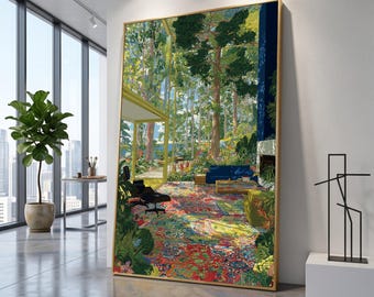 David Hockney Style Moderne Innenansicht mit Forest Garden Leinwand, geräumiges Wohnzimmer Wandkunst, helle zeitgenössische Leinwand