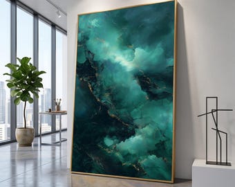Deep Ocean Abstract Canvas, Teal and Gold Wall Art, Modern Fluid Art Canvas, Elegant Home Decor, Contemporary Blue Green Canvas