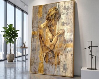 Contemplative Nude Figure Canvas, Gold and Gray Abstract Wall Art, Modern Figurative Canvas, Elegant Home Decoration