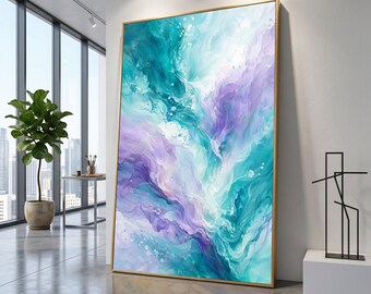Abstrakt canvas med havsbris, blålila väggkonst, flytande vågdesign, modern heminredning, lugnande färgglad canvas