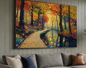 Gustav Klimt Style Wall Art, Autumn Forest Pathway Canvas, , Colorful Nature Landscape, Serene Stream Reflection, Modern Art Canvas Decor