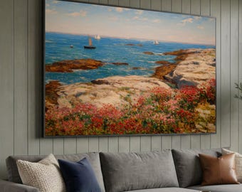 Childe Hassam Coastal Seascape Canvas, Floral Cliffside Wall Art, Impressionist Ocean View, Sailboats on Blue Water, Vintage Landscape Decor