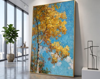 Childe Hassam Autumn Landscape Canvas Wall Art, Vibrant Yellow Fall Tree, Blue Sky Nature Scene, Seasonal Home Decor, Impressionist Canvas