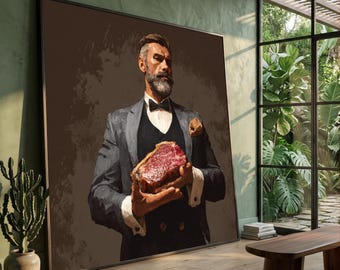 Elegant Gentleman Holding Prime Raw Steak, Vintage Style Canvas Wall Art, Butcher Inspired Home Decor, Gourmet Meat Display