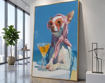 Chic Chihuahua con bufanda rosa y gafas de sol, cuadro de pared con ambiente veraniego, decoración divertida con animales, listo para colgar.