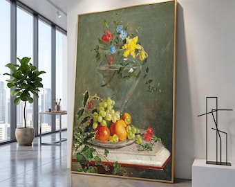 Stillleben mit Früchten und Blumen aus dem Umkreis von Franz Xaver Petter, Leinwandbild, Vintage-Botanik-Dekoration, klassisches Blumen- und Fruchtmotiv