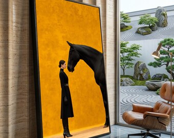 Elegant Woman and Black Horse Canvas, Bold Yellow Background, Stylish Equine Wall Art, Modern Home Decor, Ready to Hang Canvas